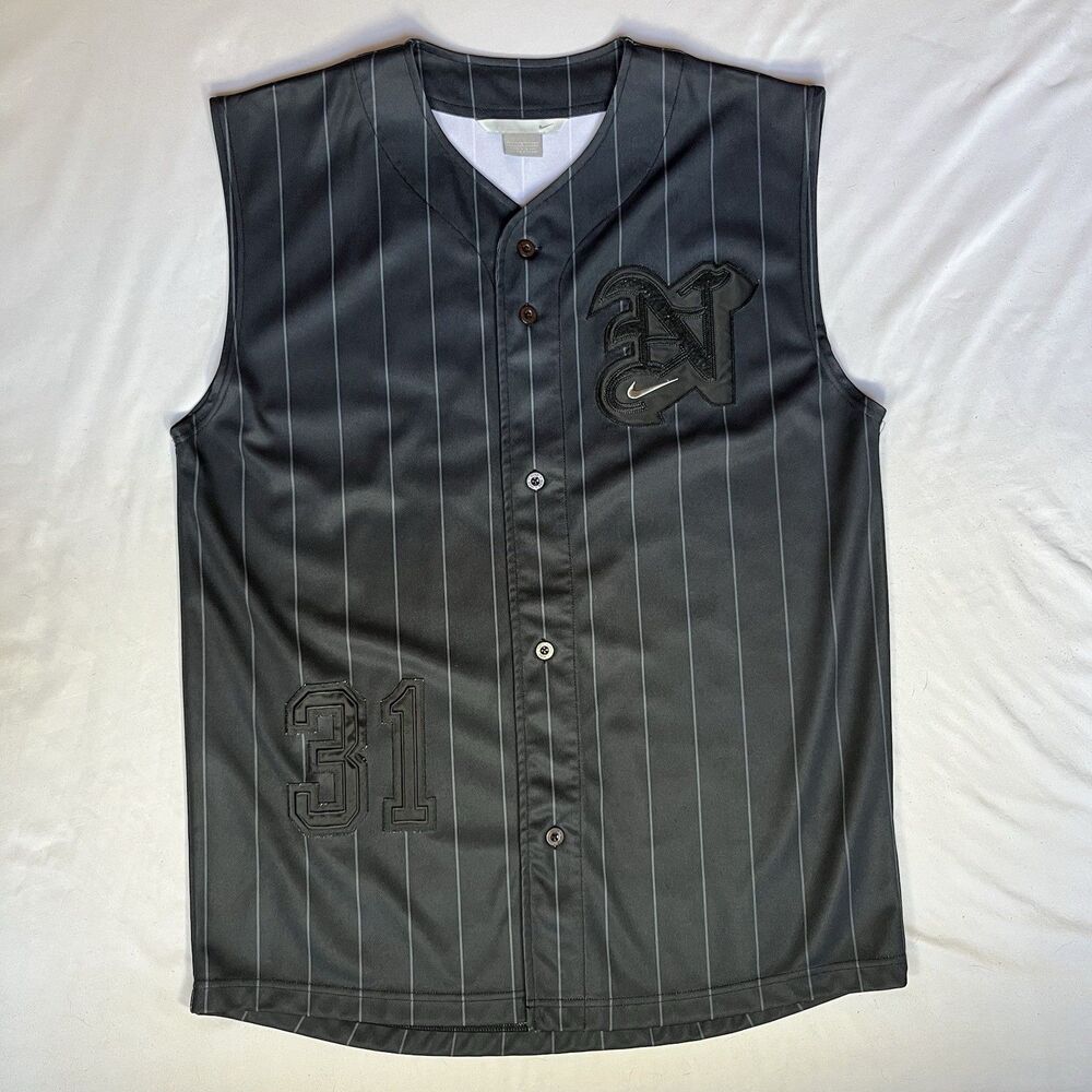 Nike Sleeveless Baseball Jersey Mens L Black Pinstripe Button Up #31 Y2K Stitch